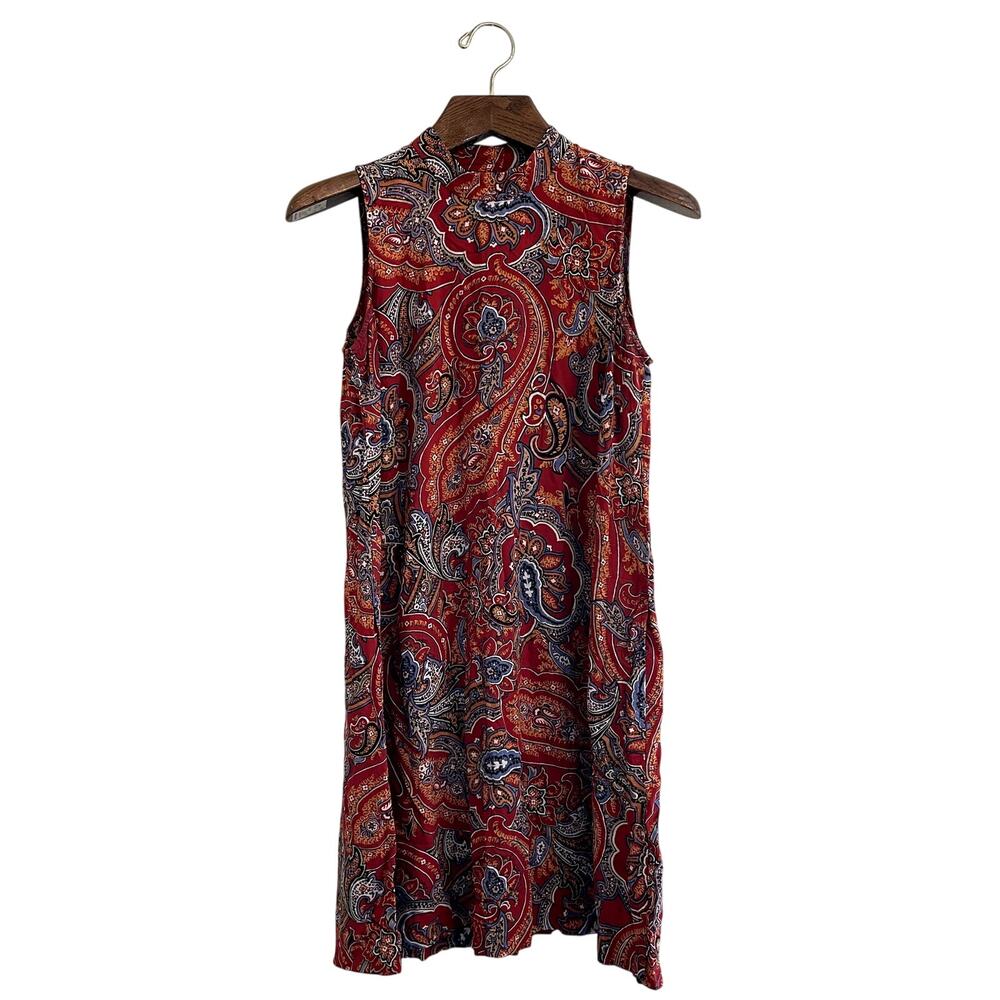 J.Jill Sheath Mock Neck Red Paisley Print Rayon Dress Sleeveless Size Small